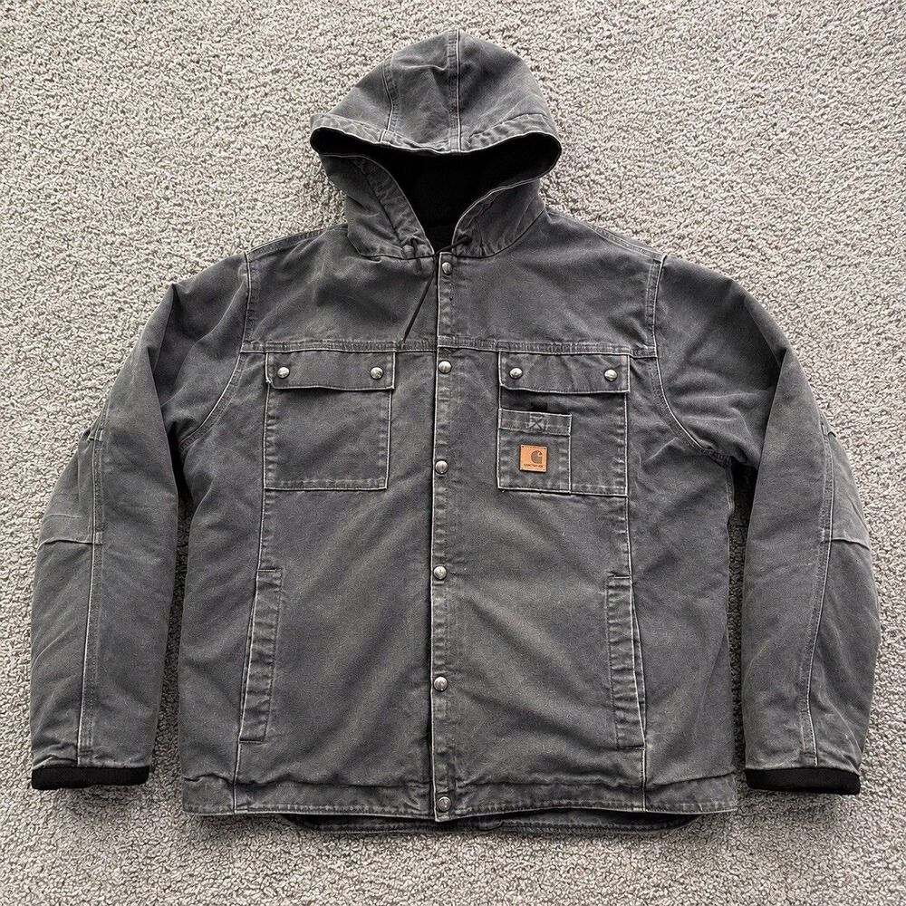 Carhartt Mens Large Black Duck Canvas Sherpa Lined Hooded Work Jacket Distressed